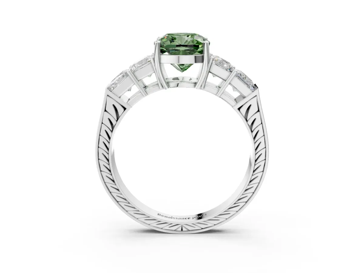 Fancy Green Cushion Cut Solitaire Princess Side Stone Engraved Band Prong Setting Ring Silver