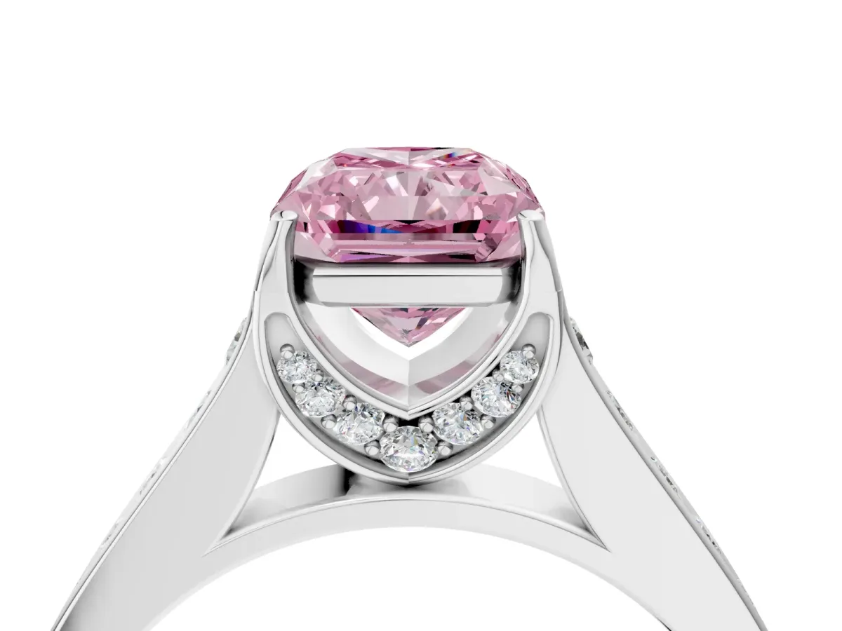 Fancy Pink Radiant Cut Brilliant Cut Diamond Engagement Ring with Pavé Band and Four-Prong Setting Platinum