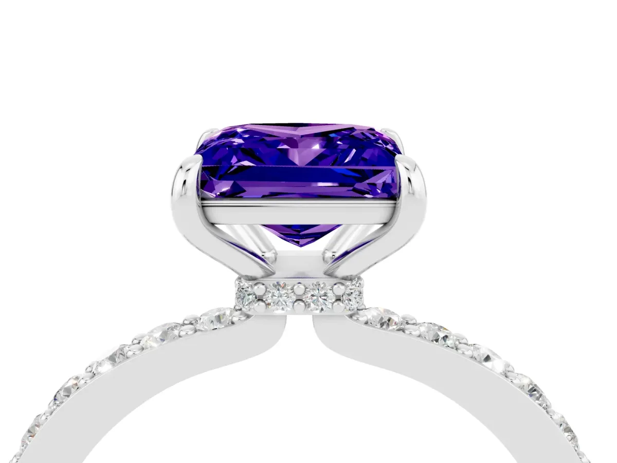 Princess Cut Tanzanite Solitaire Engagement Ring with Pavé Band and Four-Prong Setting White gold