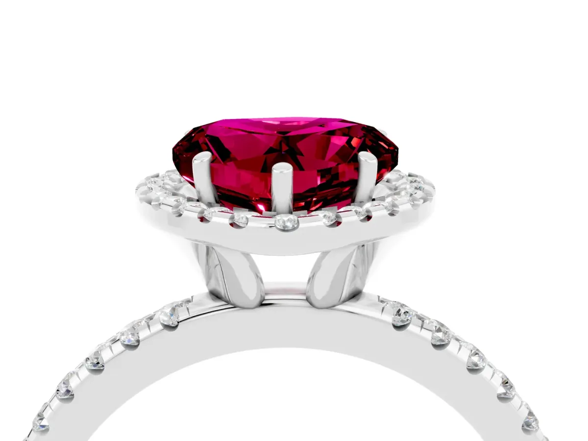 Heart Cut Garnet Halo Engagement Ring with Round Pavé Band and Prong Setting Platinum