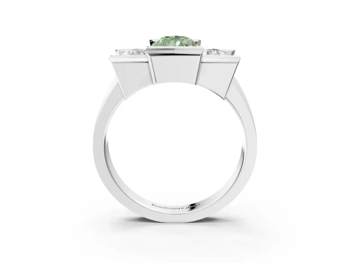 Fancy Green Three Stone Pear Cut Cut Channel Set Diamond Ring Silver