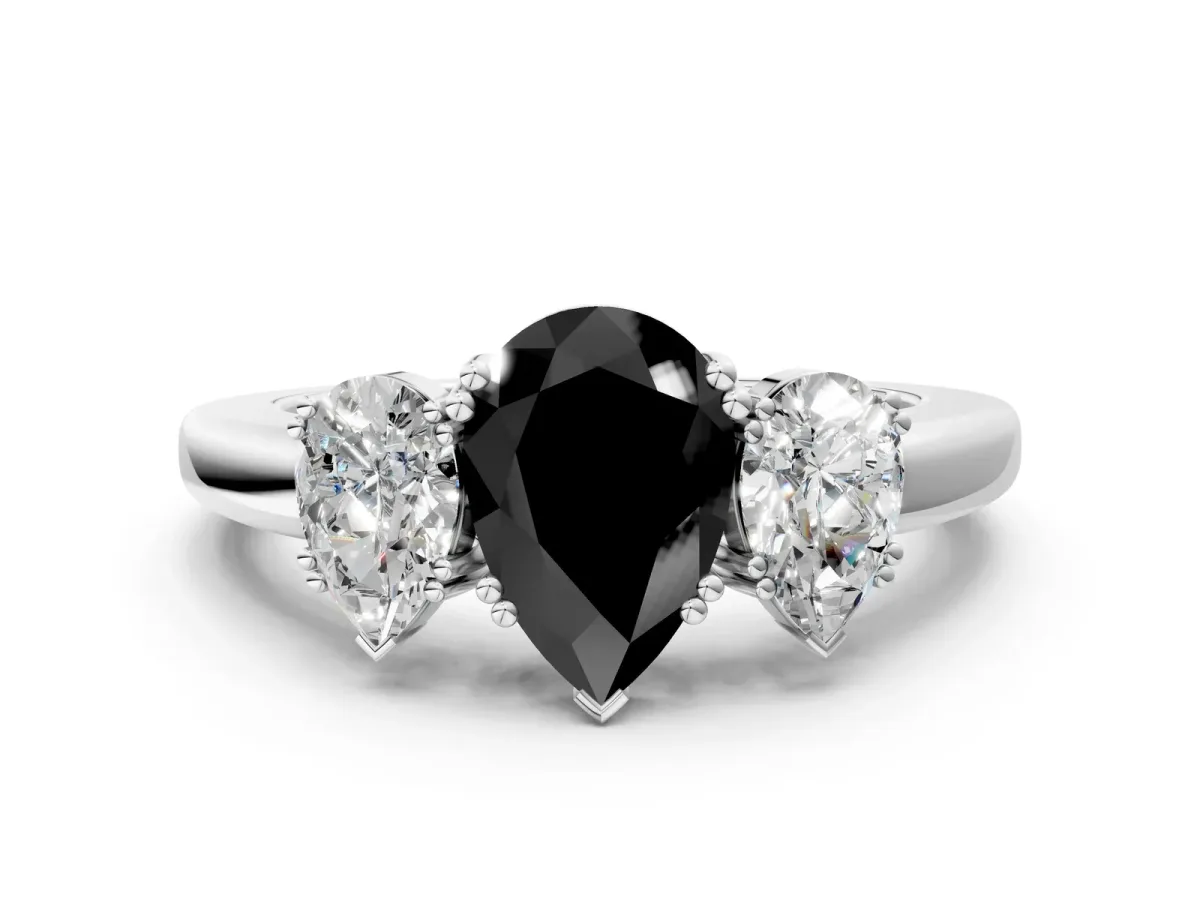 Fancy Black Three-Stone Pear Cut Cut Diamond Ring with Channel Set Band and Four-Prong Setting Silver