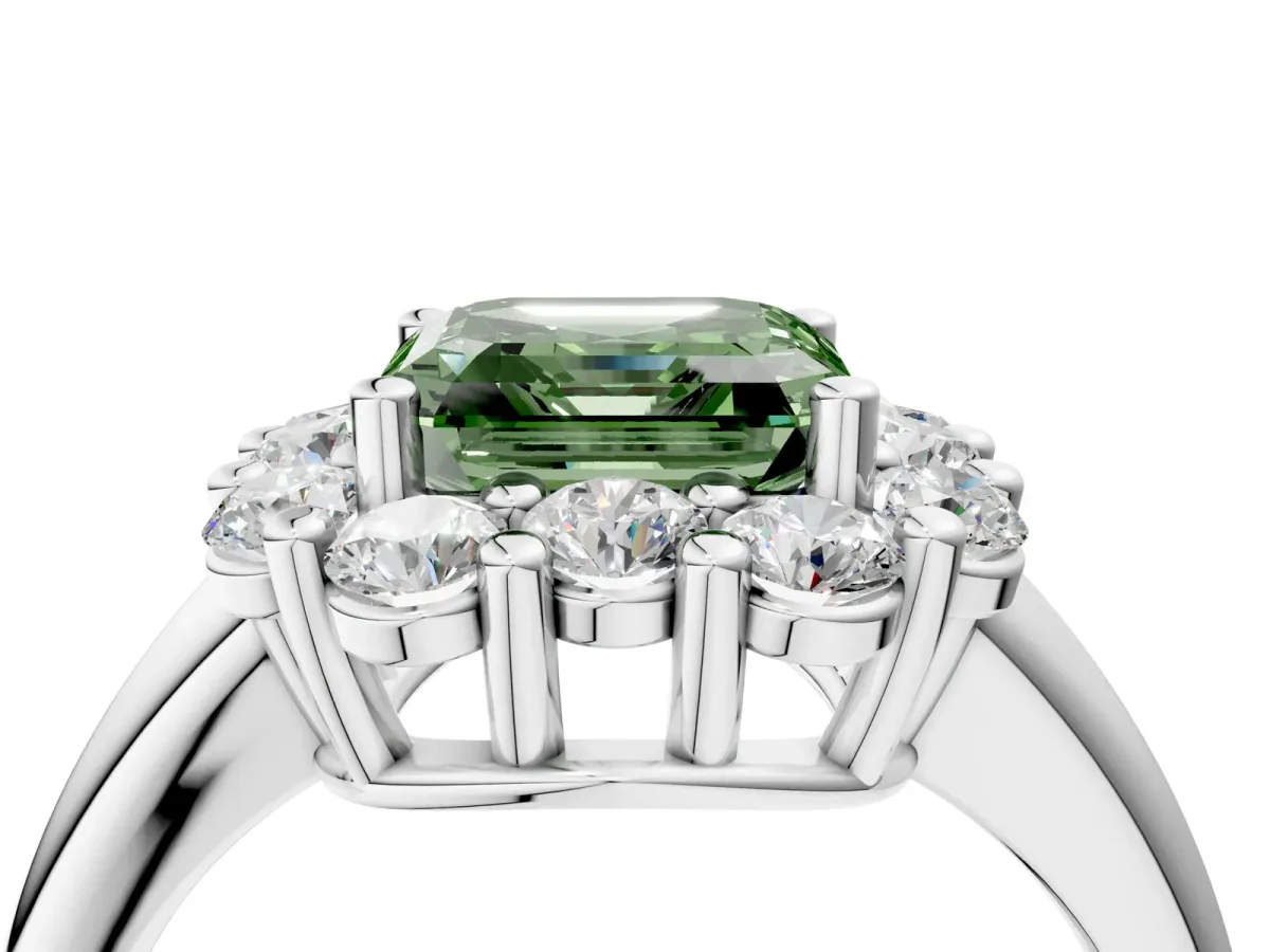 Fancy Green Asscher Cut Halo Cluster Diamond Engagement Ring with Prong Setting and Polished Band Platinum