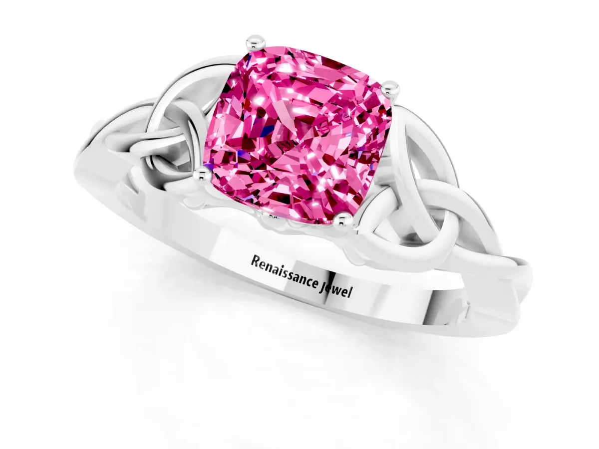 Cushion Cut Pink Sapphire Solitaire Engagement Ring with Celtic Knot Band and Four-Prong Setting White gold