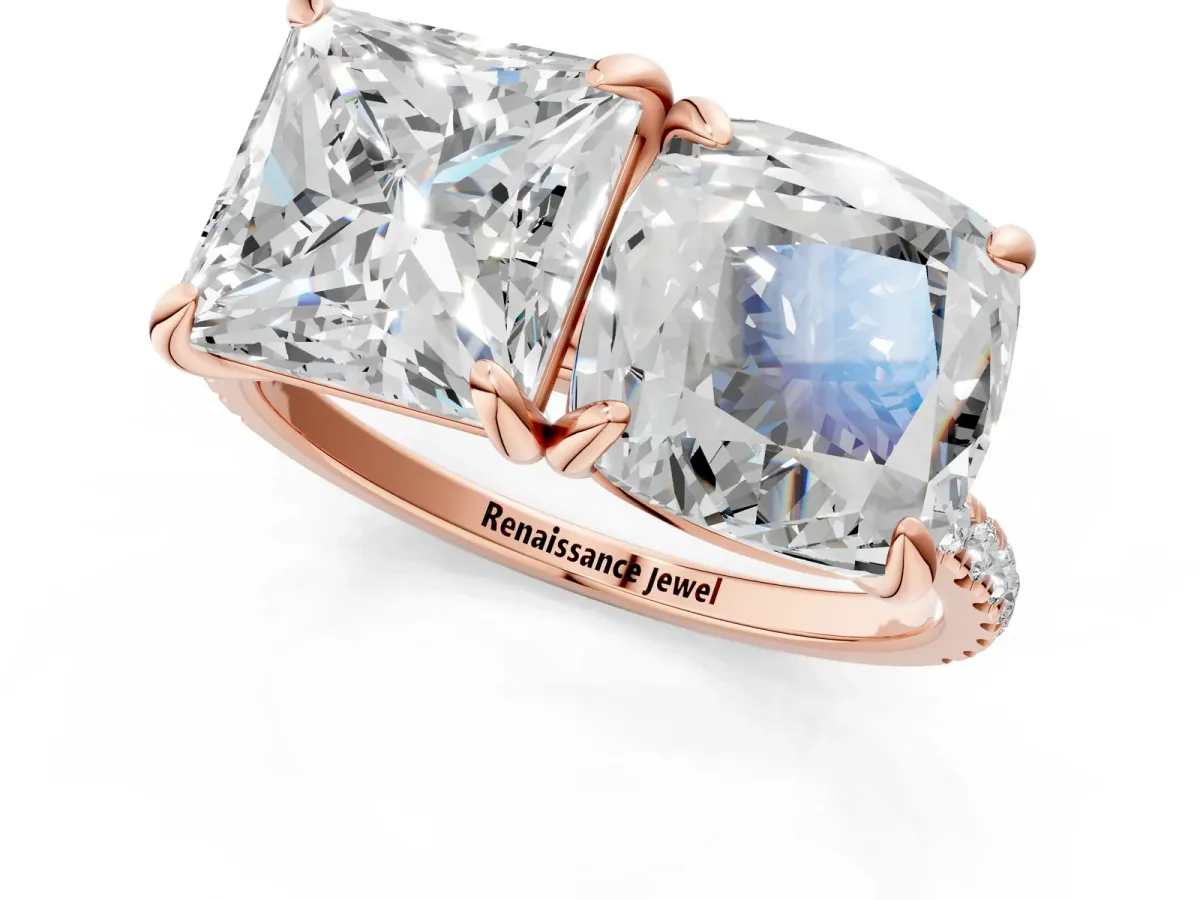Cushion and Princess Toi Moi Ring with Prong Setting and Pave Band Rose gold