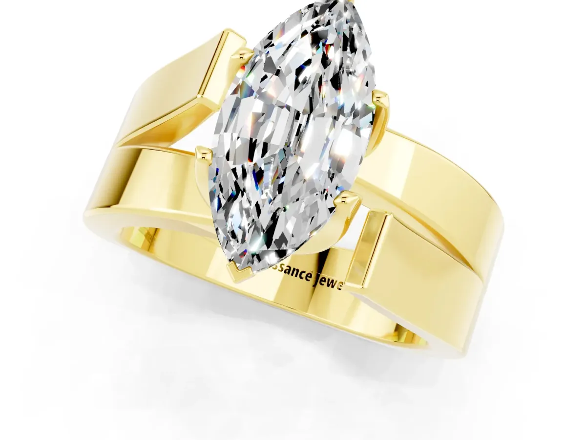 Modern Tension Set Marquise Cut Moissanite Solitaire Wide Band Ring Yellow gold