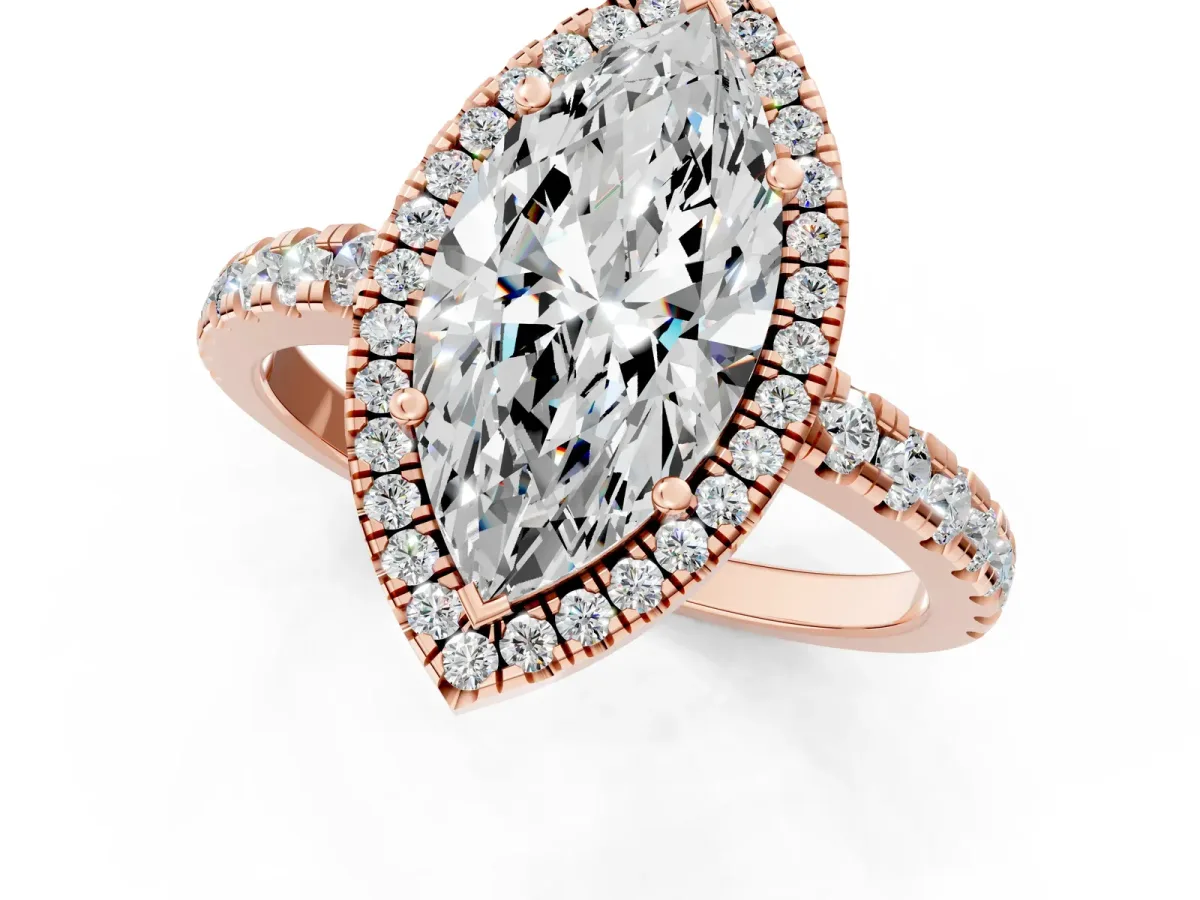 Marquise Cut Diamond Halo Ring with Pavé Band and Four-Prong Setting Rose gold