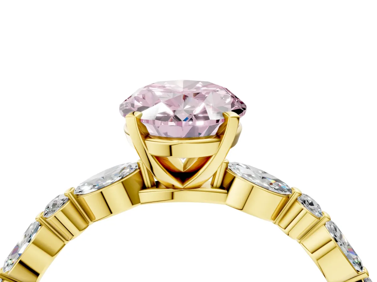 Fancy Pink Oval Cut Diamond Ring with Marquise and Round Side Stones and Four-Prong Setting Yellow gold