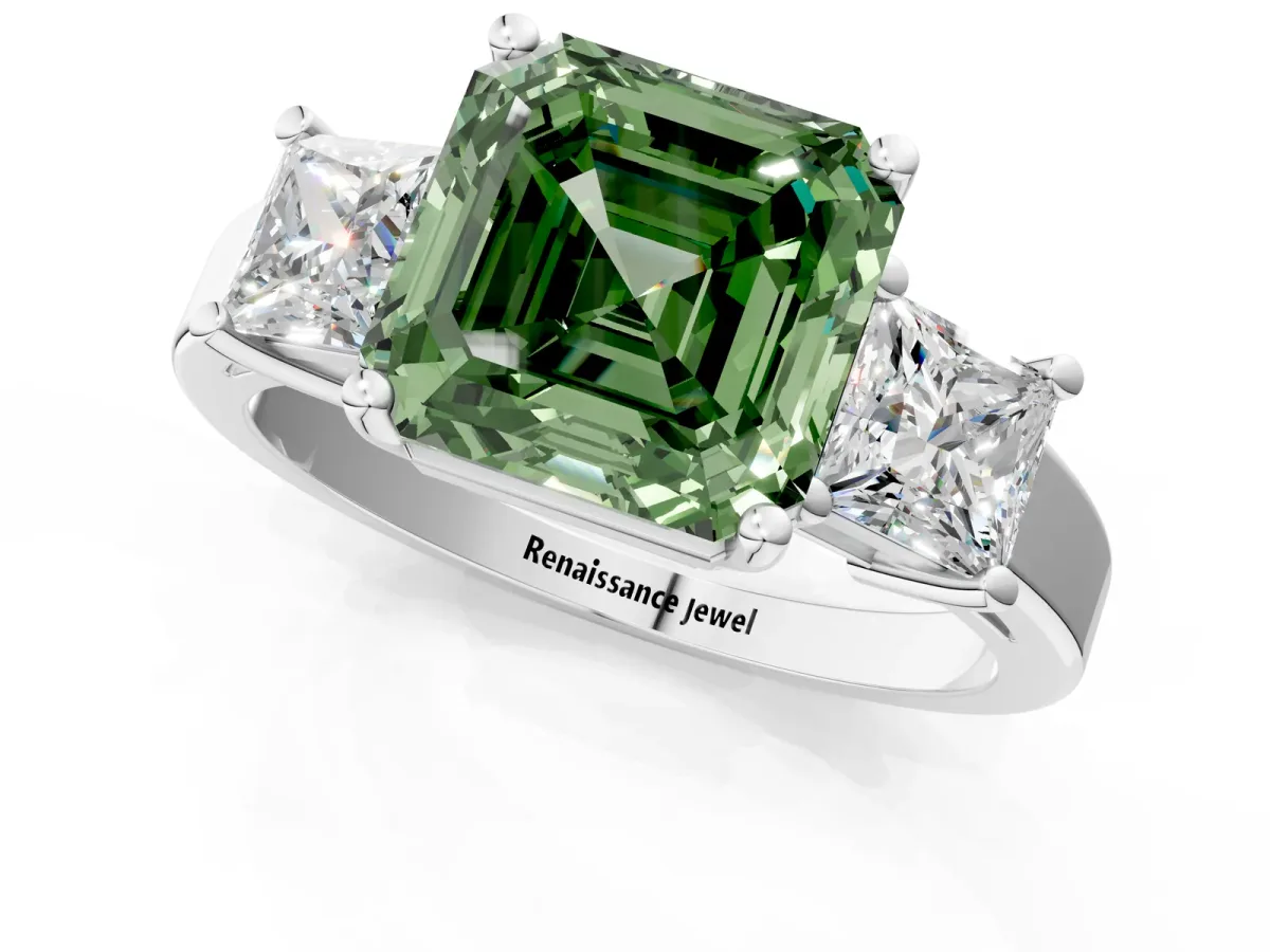 Fancy Green Three-Stone Asscher Cut Cut Solitaire Ring with Prong Setting Platinum