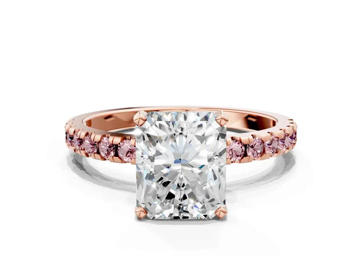 Radiant Cut Diamond Solitaire Ring with Round Morganite Pavé Band and Four-Prong Setting Rose gold