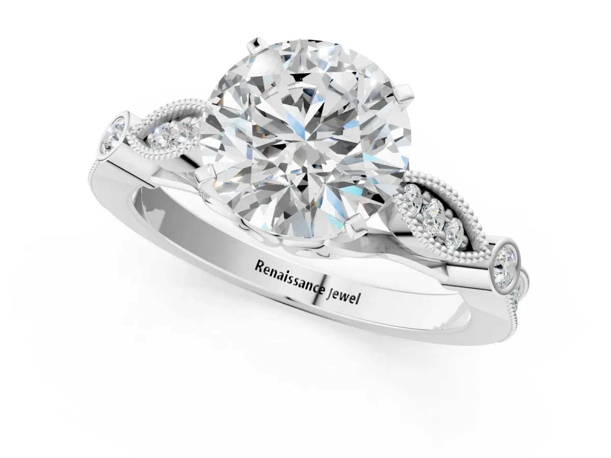 Round Cut Cut Diamond with Milgrain Marquise and Bezel Accents on a Solitaire Band with Prong Setting Silver