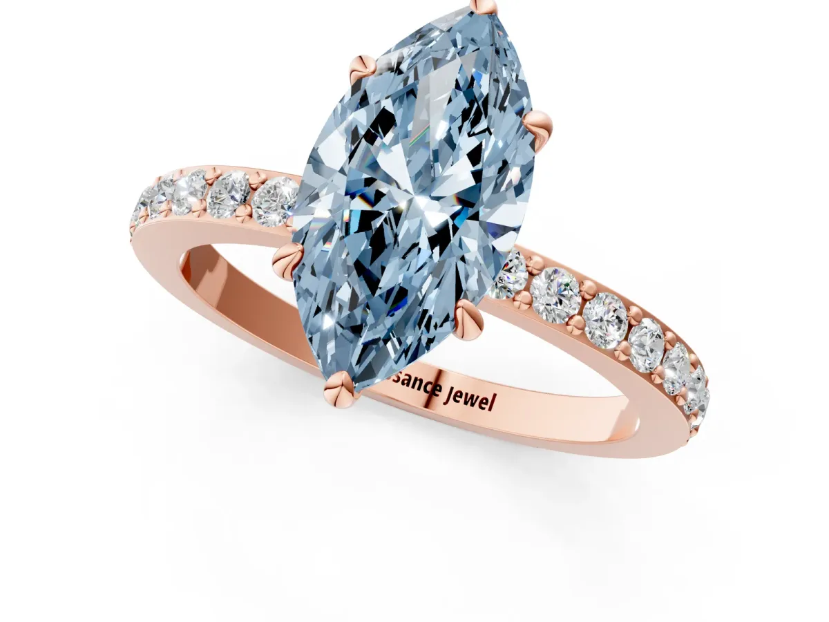 Fancy Blue Marquise Cut Diamond Solitaire Engagement Ring with Pavé Band and Four-Prong Setting Rose gold