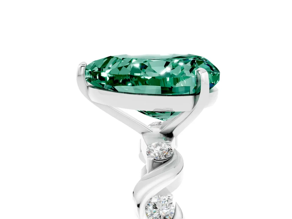 Heart Cut Green Sapphire Solitaire Twisted Band with Round Accents and Prong Setting Platinum