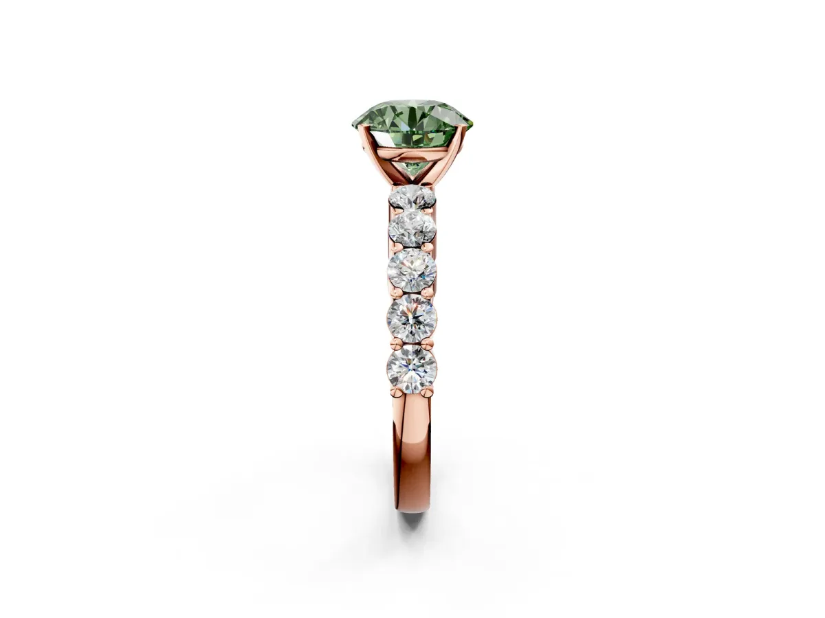 Fancy Green Round Cut Diamond Solitaire Ring with Shared Prong Round Side Stones Rose gold