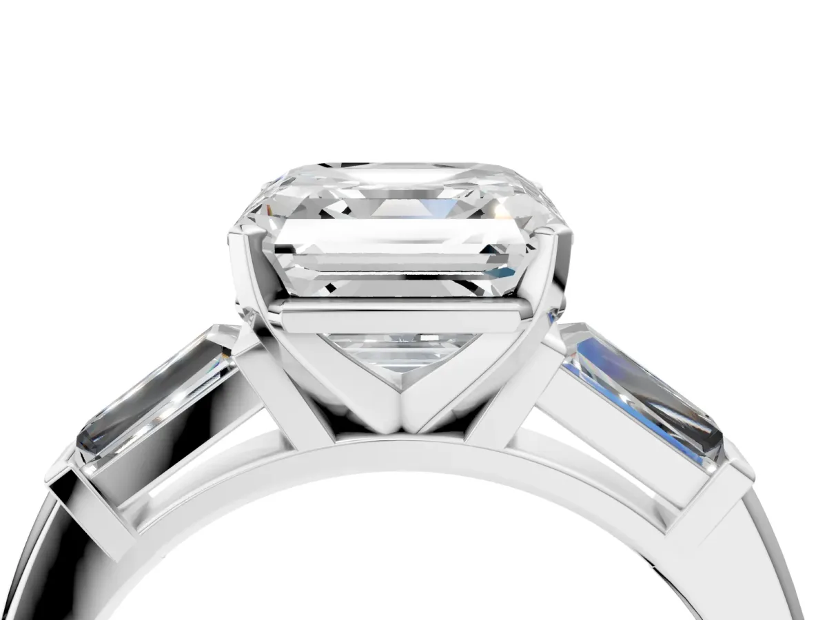 Asscher Cut Solitaire with Tapered Baguette Side Stones on a Classic Band with Four-Prong Setting Platinum