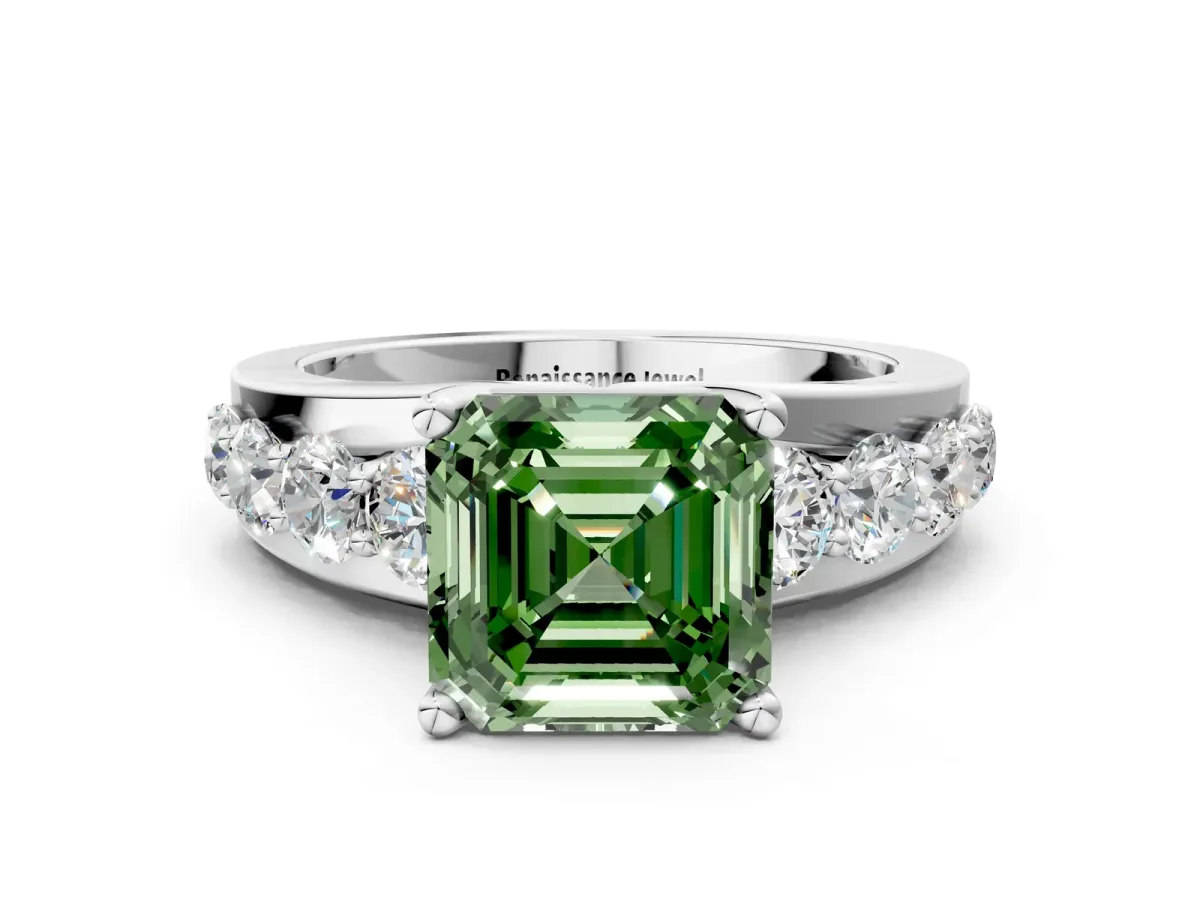 Fancy Green Asscher Cut Brilliant Solitaire with Side Stones on a Pave Band and Four-Prong Setting Platinum