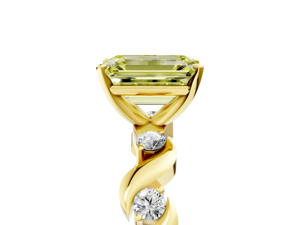 Fancy Yellow Emerald Cut Diamond Solitaire Twisted Band with Round Accents and Prong Setting Yellow gold