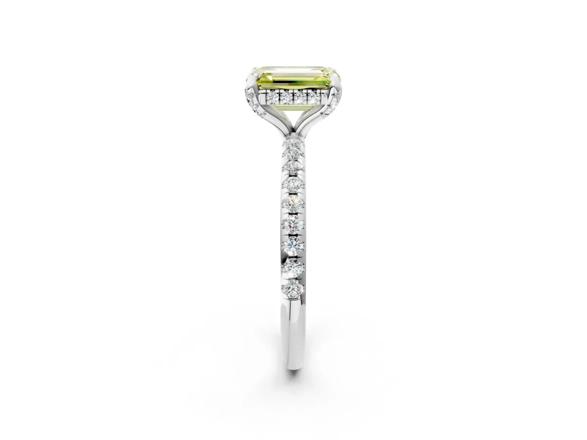 Fancy Yellow Emerald Cut Diamond Hidden Halo Engagement Ring with Round Pavé Band and Prong Setting Silver