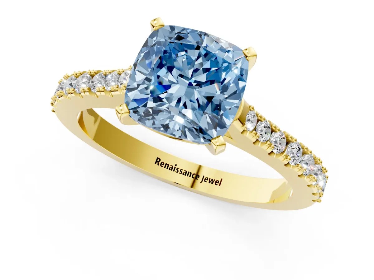 Fancy Blue Cushion Cut Cut Solitaire Diamond Engagement Ring with Pave Band and Four-Prong Setting Yellow gold