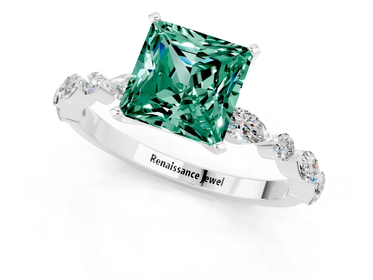 Princess Cut Green Sapphire Ring with Marquise and Round Side Stones and Four-Prong Setting Platinum