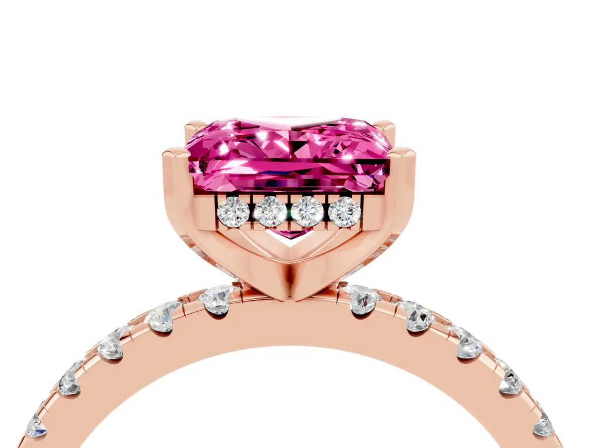 Princess Cut Pink Sapphire Solitaire Ring with Round Pavé Band and Four-Prong Setting Rose gold