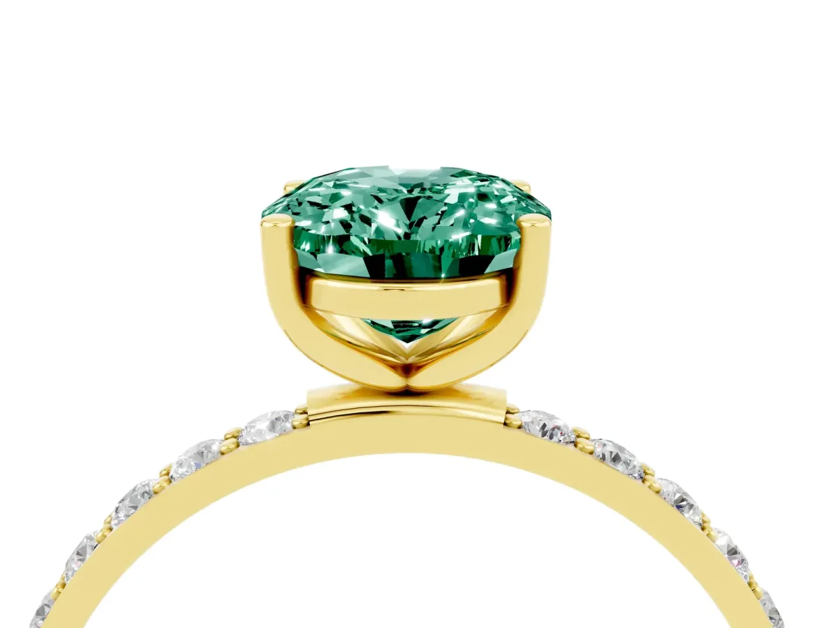 Oval Cut Green Sapphire Solitaire Ring with Round Pavé Band and Prong Setting Yellow gold