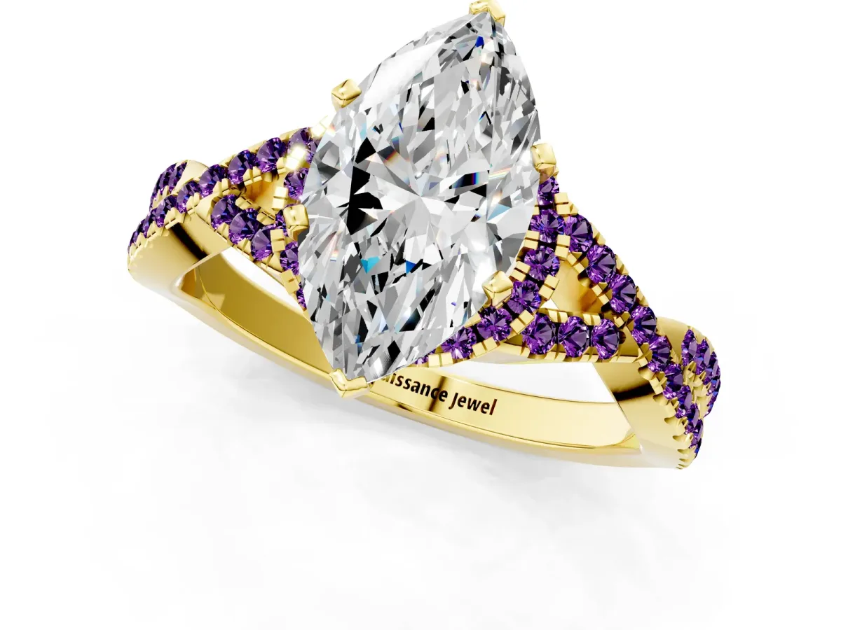 Marquise Cut Diamond Amethyst Halo Twist Band Solitaire Prong Setting Ring Yellow gold