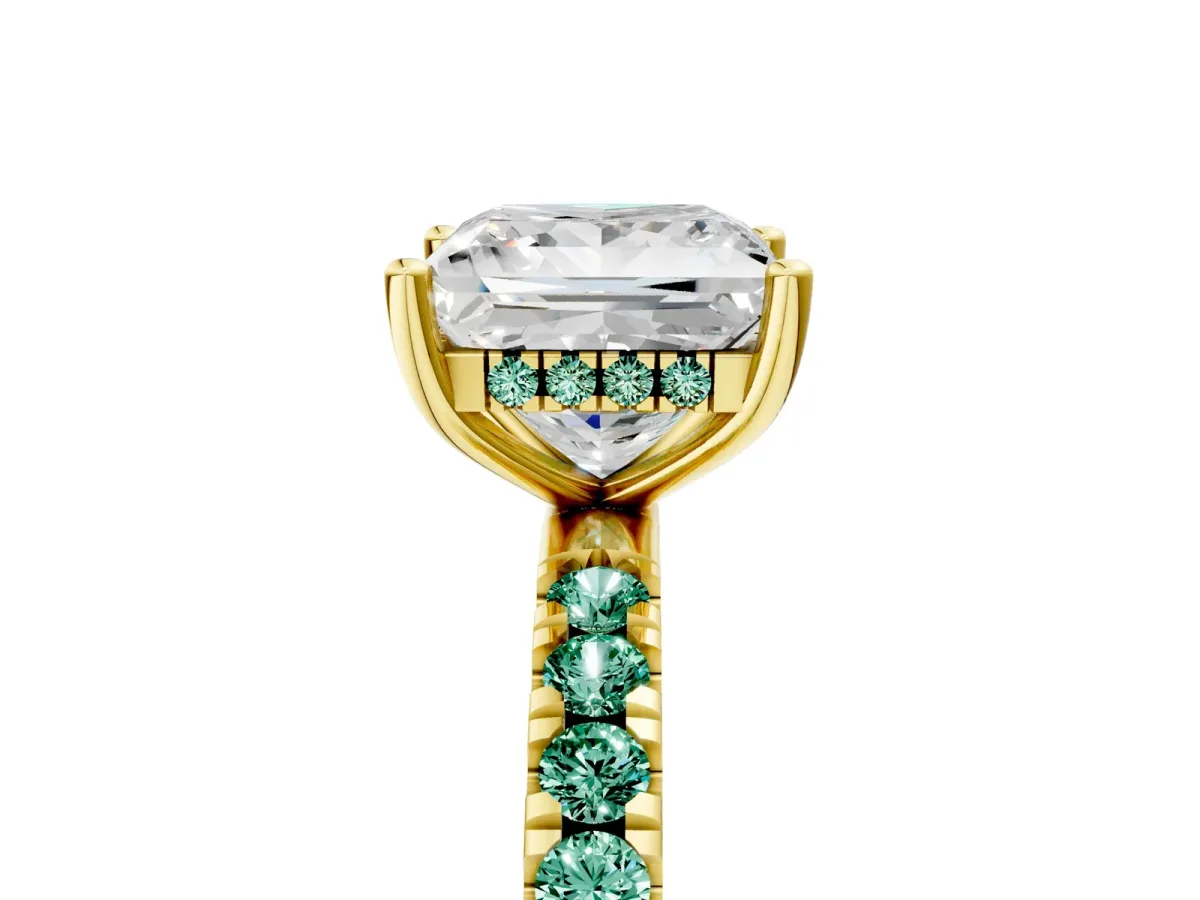 Princess Cut Diamond Pave Band Solitaire Ring with Round Green Sapphire and Prong Setting Yellow gold