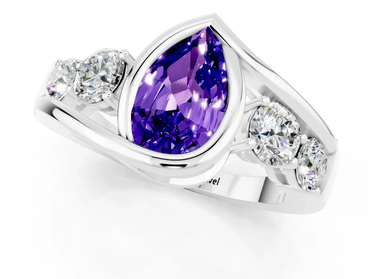 Bezel Set Pear Cut Tanzanite Bypass Ring with Round Accents Platinum