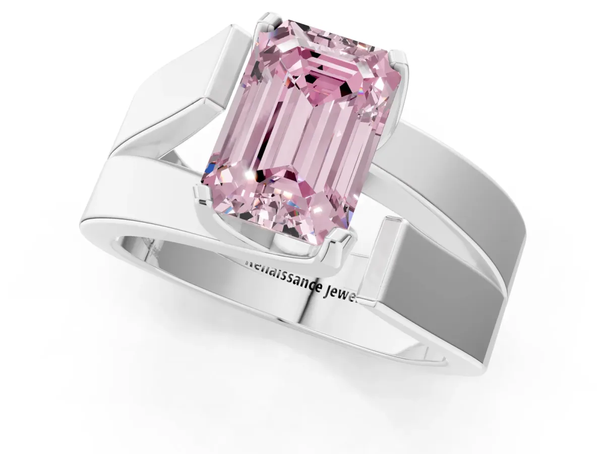 Fancy Pink Modern Tension Set Emerald Cut Diamond Solitaire Wide Band Ring Silver
