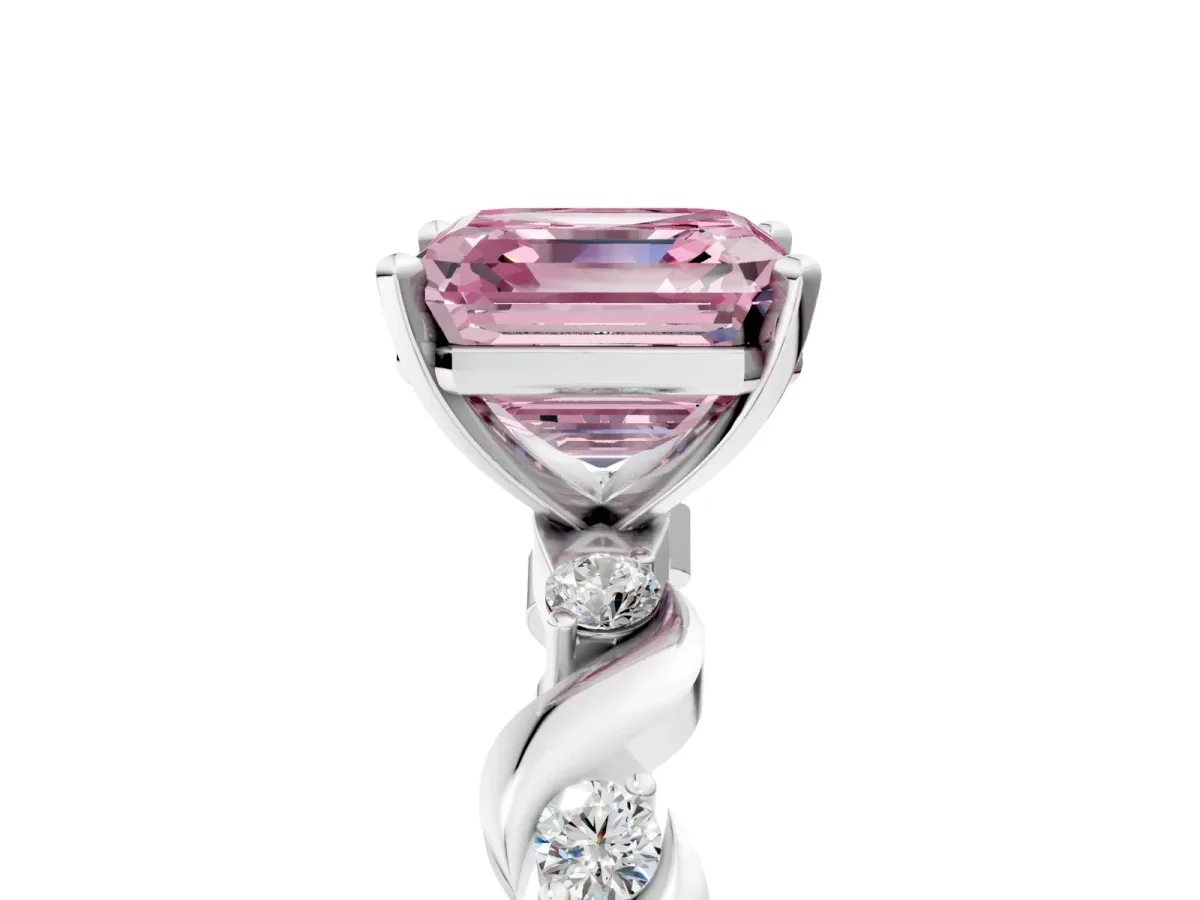 Fancy Pink Asscher Cut Diamond Solitaire Twisted Band with Round Accents and Prong Setting White gold