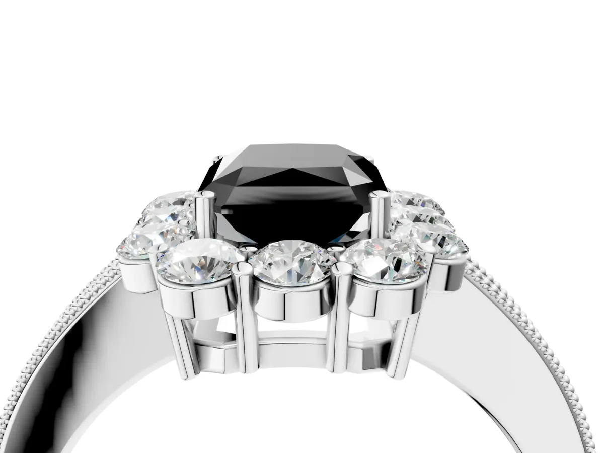 Fancy Black Radiant Cut Cut Halo Diamond Pavé Engagement Ring with Milgrain Detailing Platinum