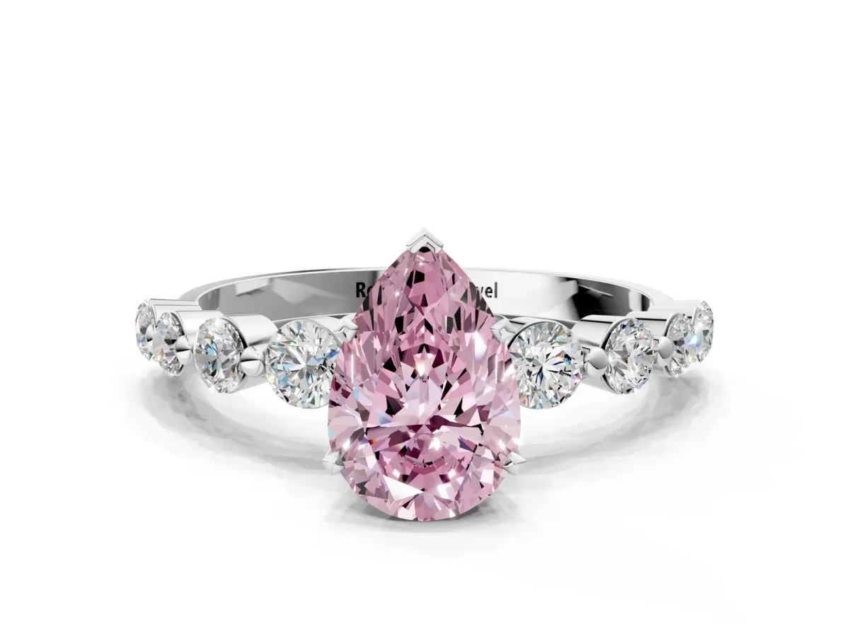 Fancy Pink Pear Cut Solitaire Diamond Ring with Pave Band and Four-Prong Setting Silver