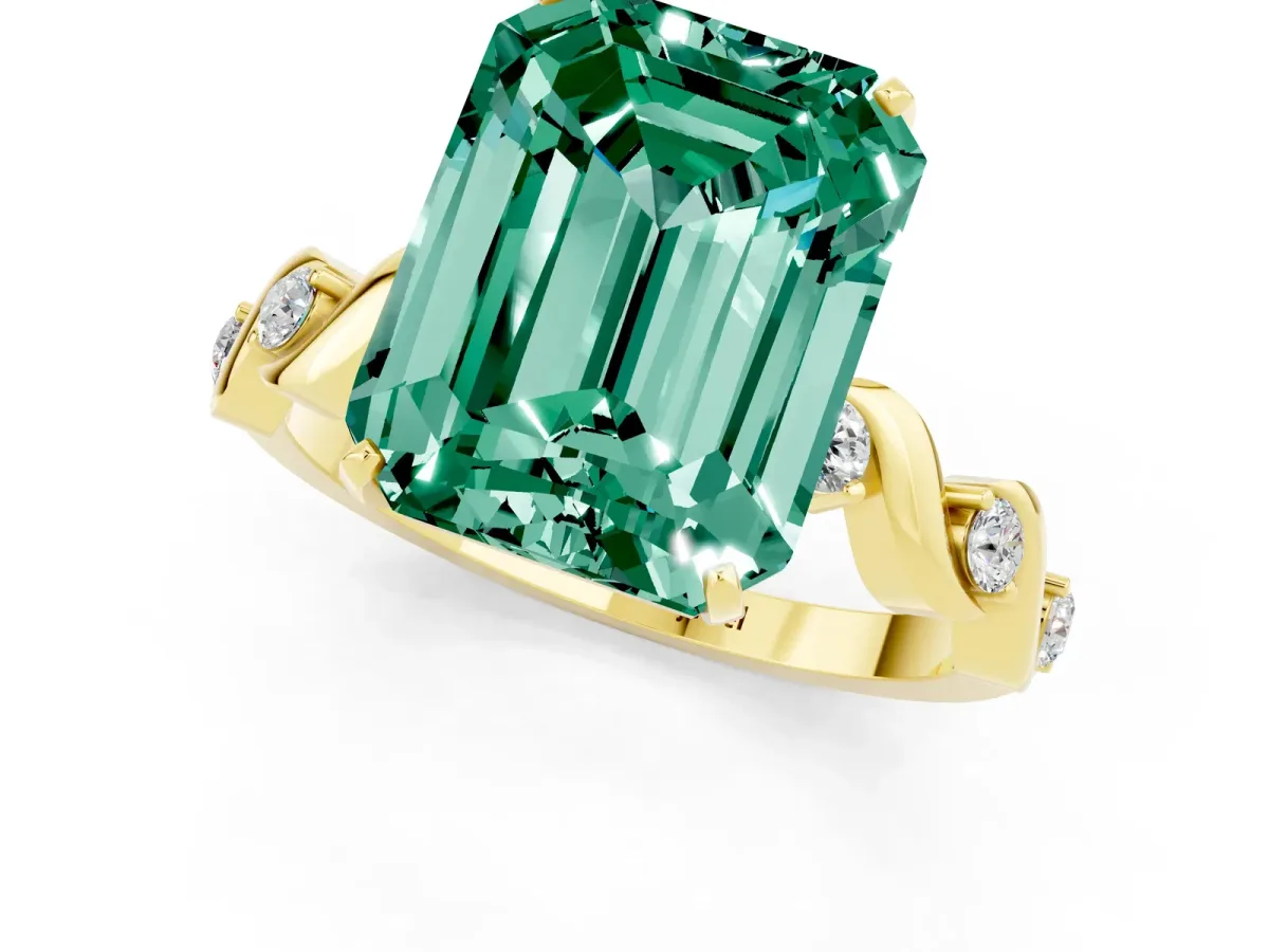 Emerald Cut Green Sapphire Solitaire Twisted Band with Round Accents and Prong Setting Yellow gold