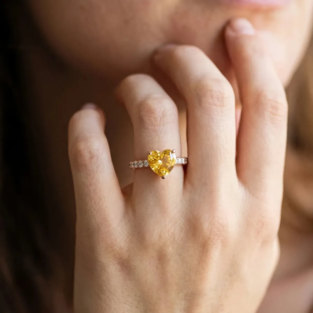 Heart Cut Yellow Sapphire Solitaire Ring with Round Pavé Band and Four-Prong Setting Rose gold