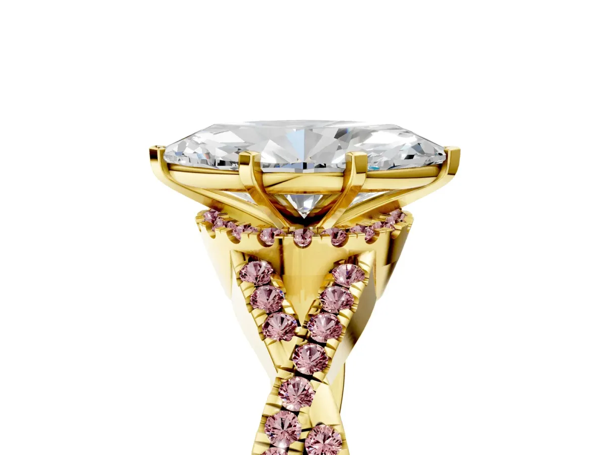 Heart Cut Diamond Morganite Halo Twist Band Solitaire Prong Setting Ring Yellow gold