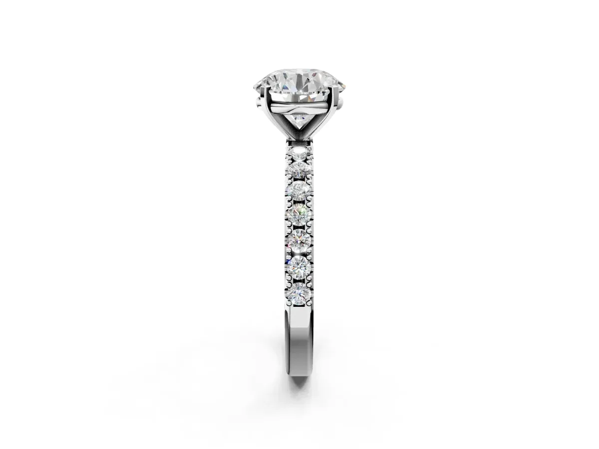 Round Cut Diamond Solitaire Pavé Band with Four-Prong Setting Silver