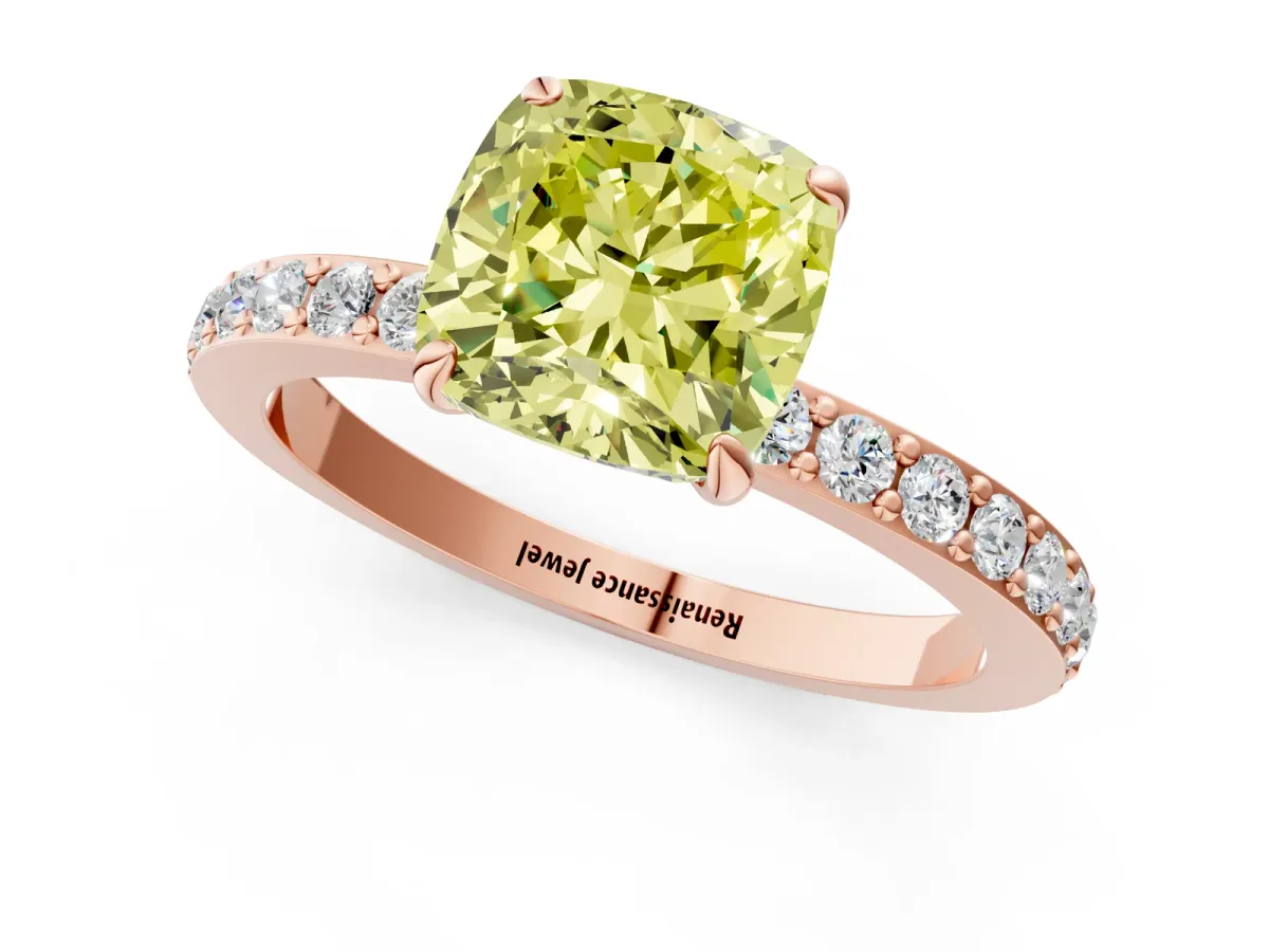 Fancy Yellow Cushion Cut Diamond Solitaire Engagement Ring with Pavé Band and Four-Prong Setting Rose gold