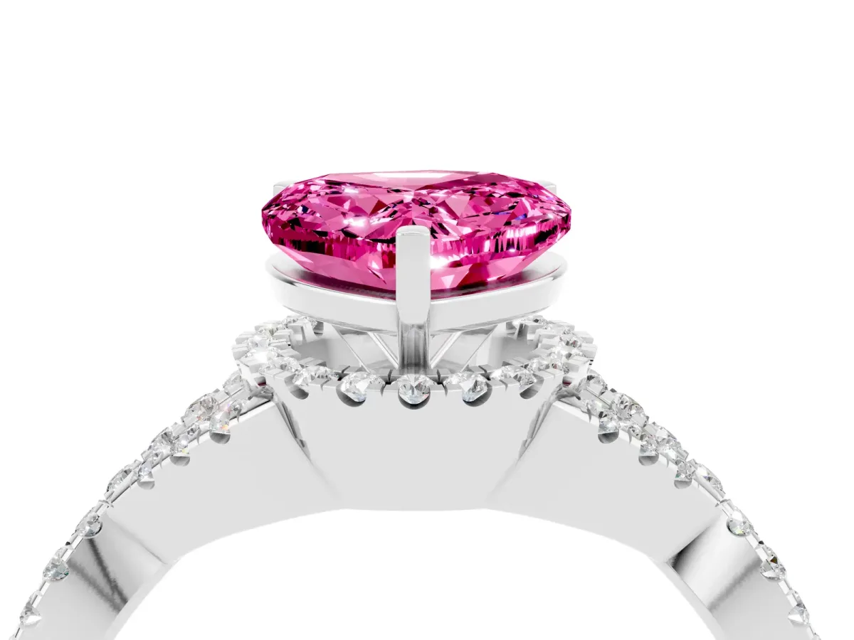 Heart Cut Pink Sapphire Halo Twist Band Solitaire Prong Setting Ring White gold
