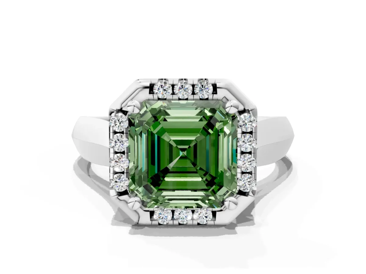 Fancy Green Asscher Cut Cut Halo Solitaire Engagement Ring with Square Band and Four-Prong Setting White gold