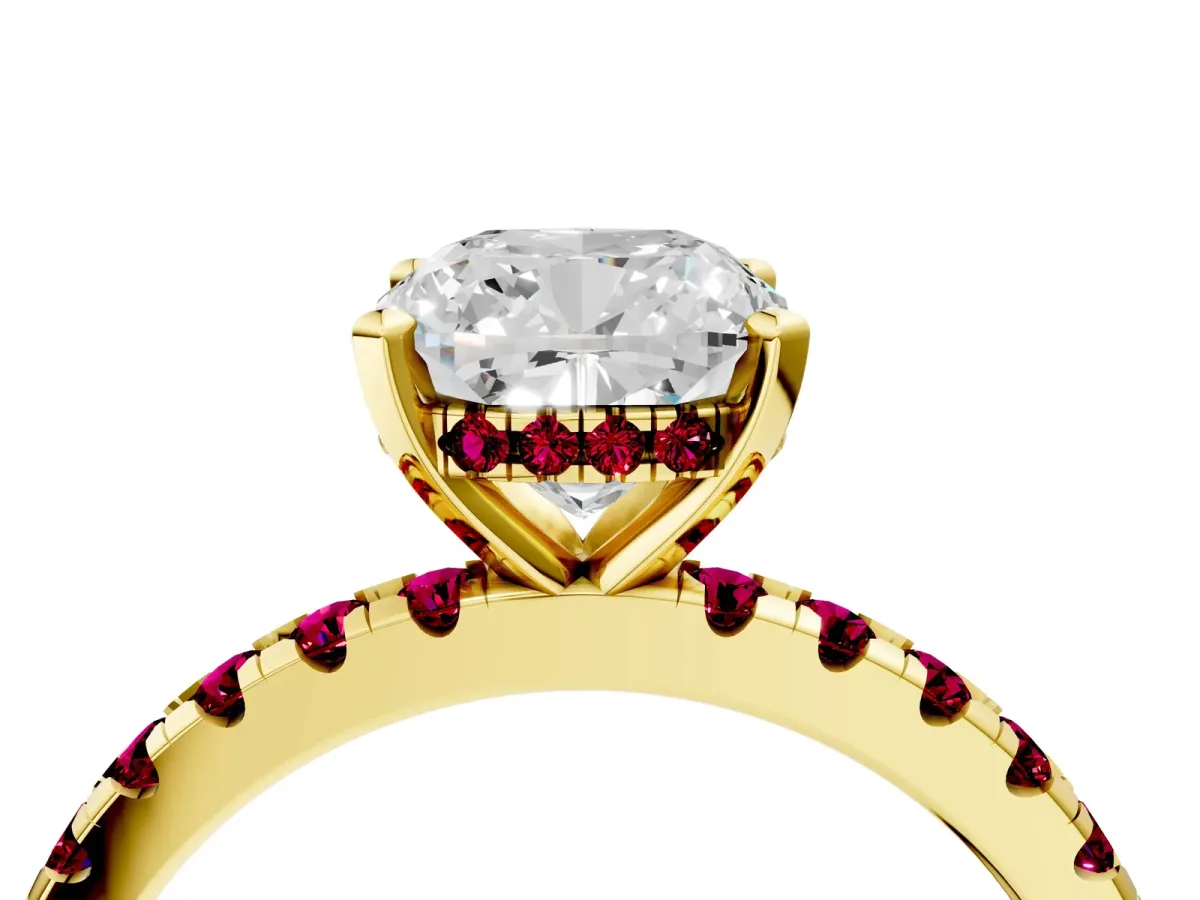 Cushion Cut Diamond Solitaire Ring with Round Garnet Pavé Band and Four-Prong Setting Yellow gold