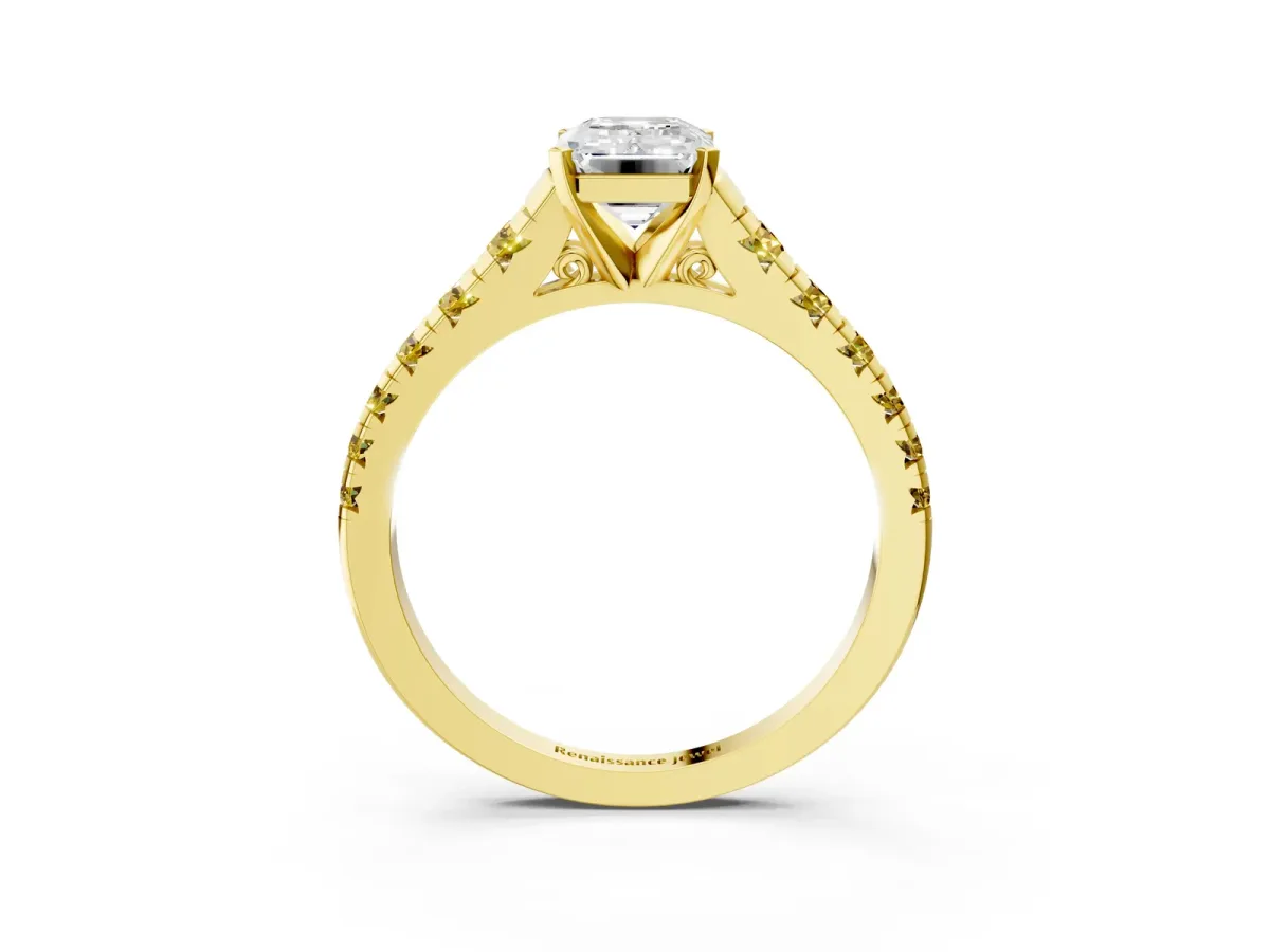 Emerald Cut Diamond Cathedral Solitaire Ring with Round Yellow Sapphire Pavé Band Yellow gold