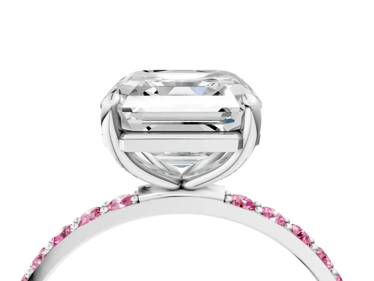 Asscher Cut Diamond Solitaire Ring with Round Pink Sapphire Pavé Band and Prong Setting White gold