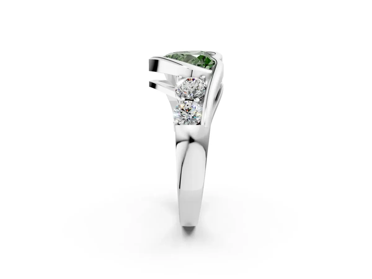 Fancy Green Bezel Set Heart Cut Diamond Bypass Ring with Round Accents Platinum