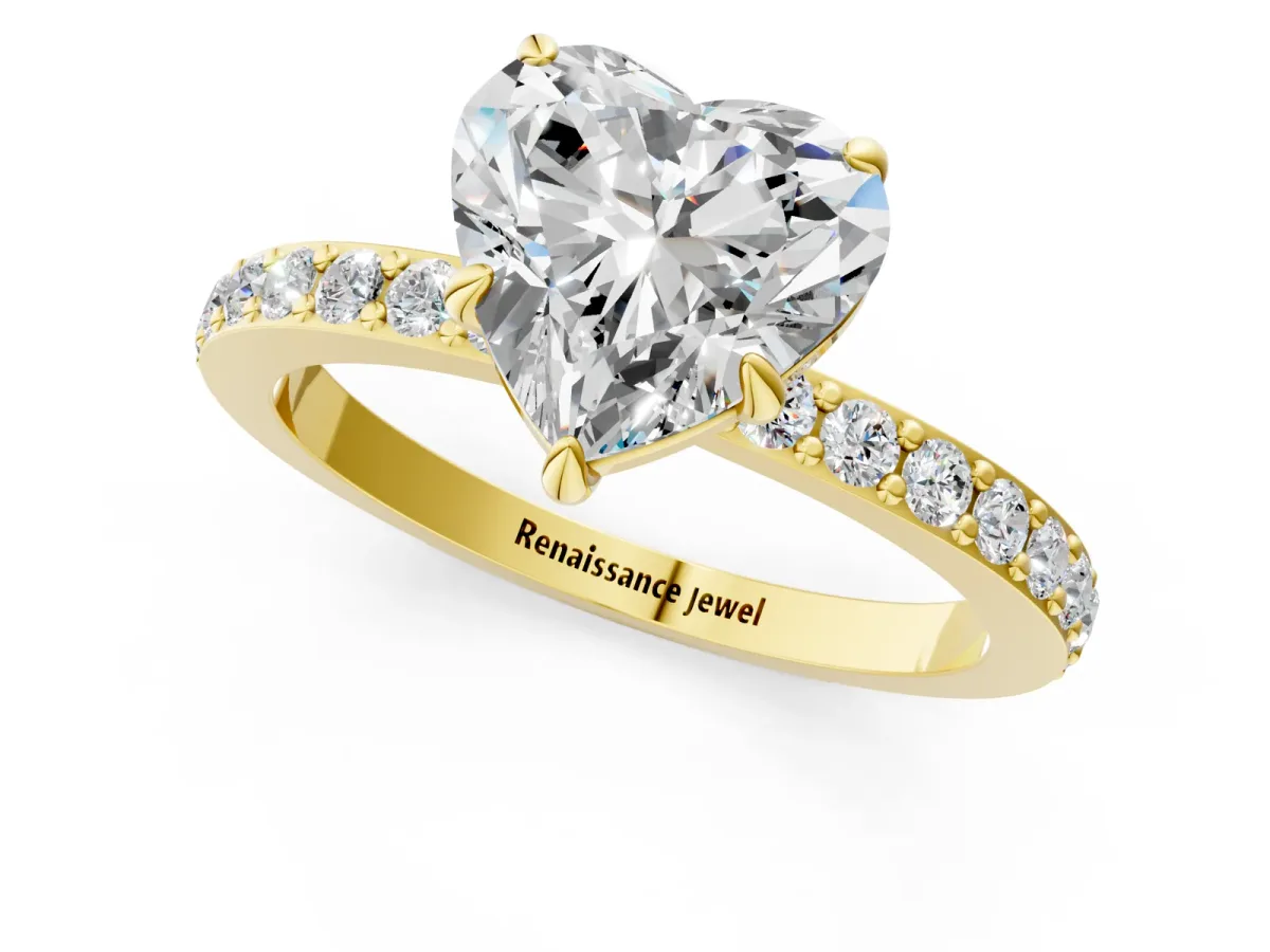 Heart Cut Diamond Solitaire Engagement Ring with Pavé Band and Four-Prong Setting Yellow gold