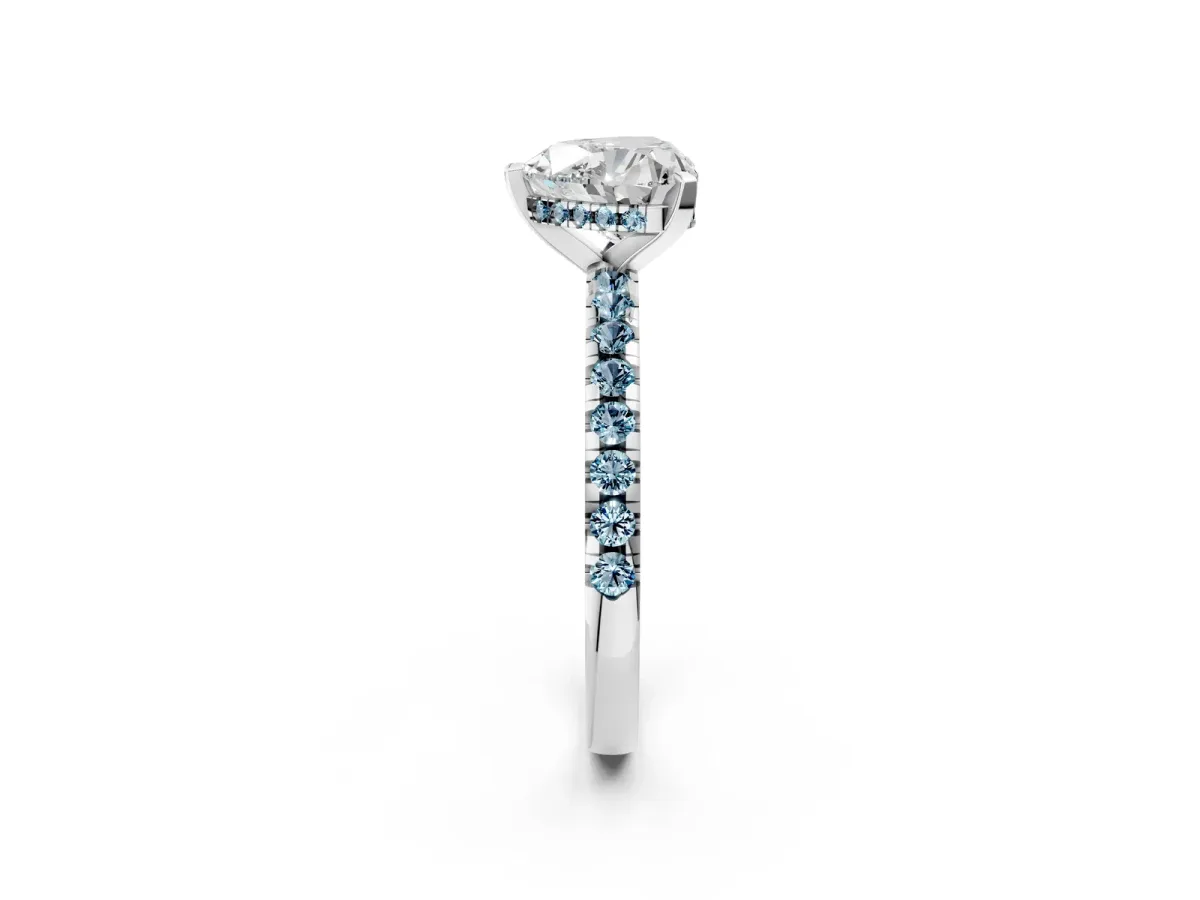 Heart Cut Diamond Solitaire Ring with Round Aquamarine Pavé Band and Four-Prong Setting Platinum