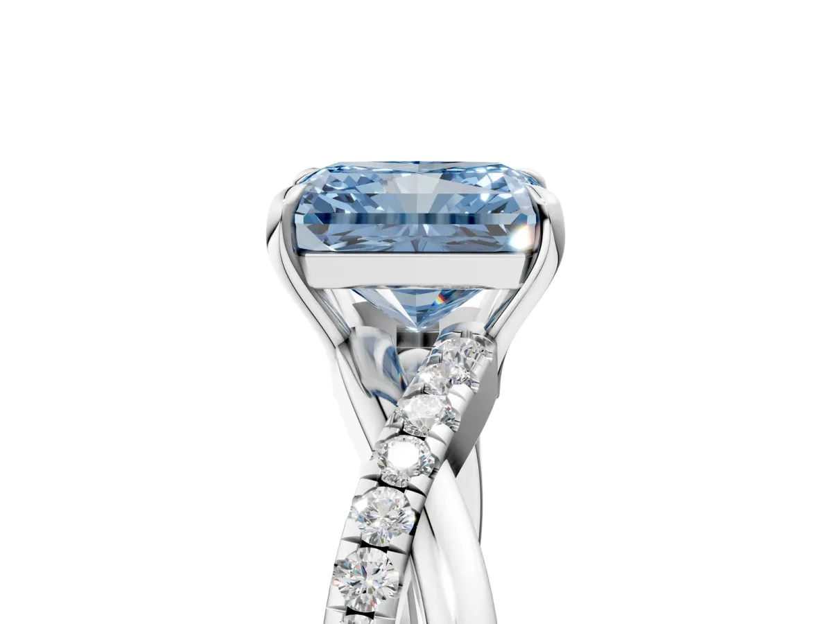 Fancy Blue Radiant Cut Cut Diamond Twisted Band with Pavé Setting and Four-Prong Setting Platinum