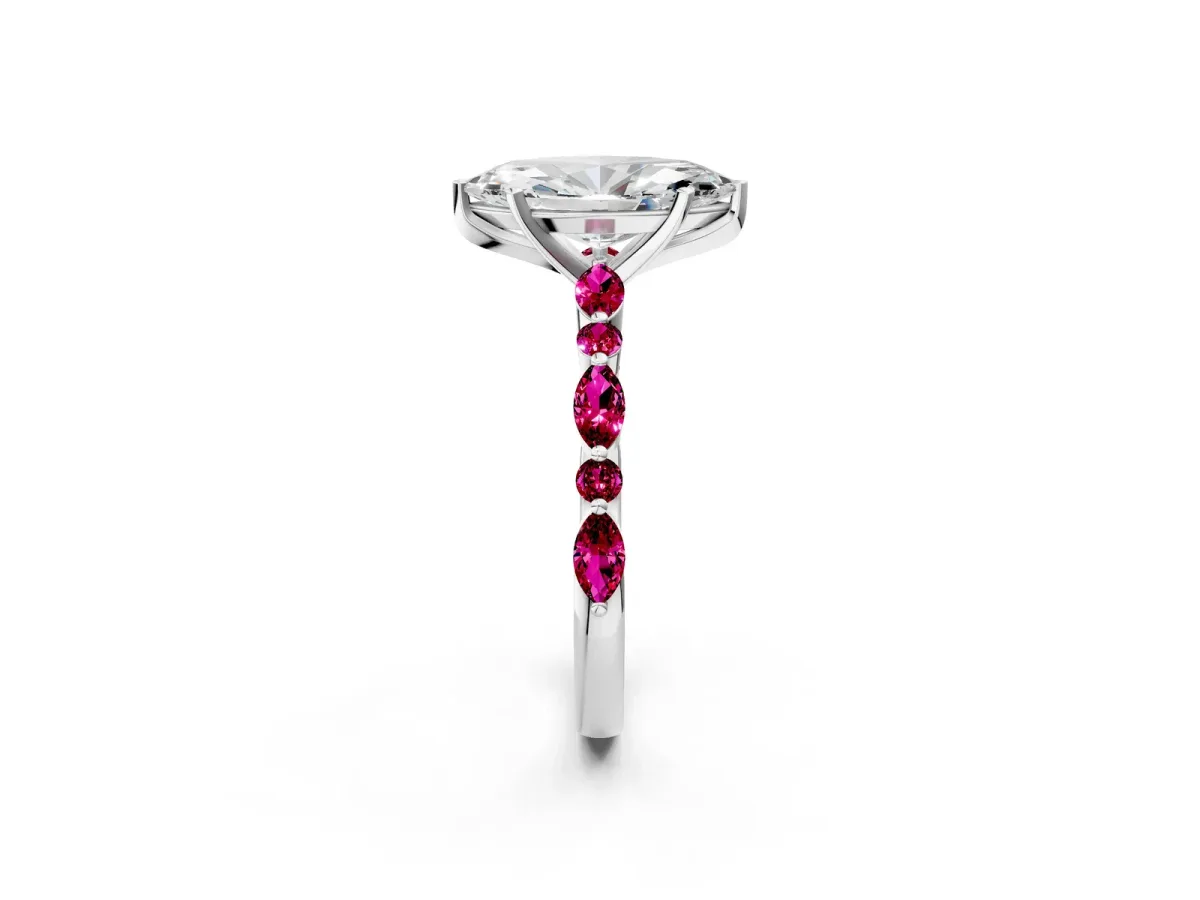 Marquise Cut Diamond Ring with Marquise and Round Garnet Side Stones and Four-Prong Setting White gold