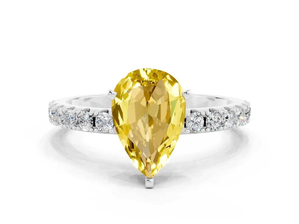 Pear Cut Yellow Sapphire Solitaire Pavé Band with Four-Prong Setting Silver