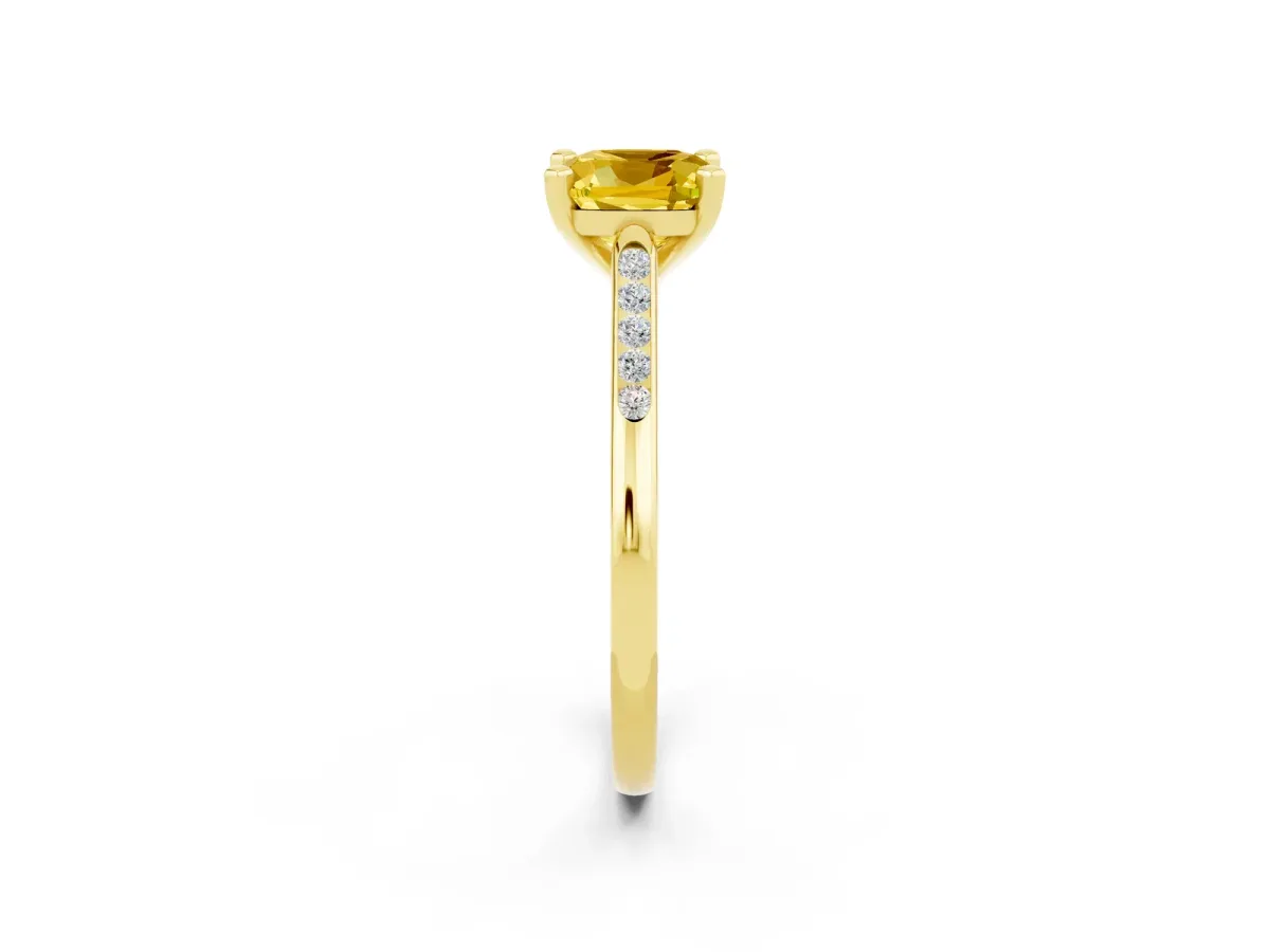 Cushion Cut Yellow Sapphire Solitaire Ring with Channel Set Round Band and Prong Setting Yellow gold